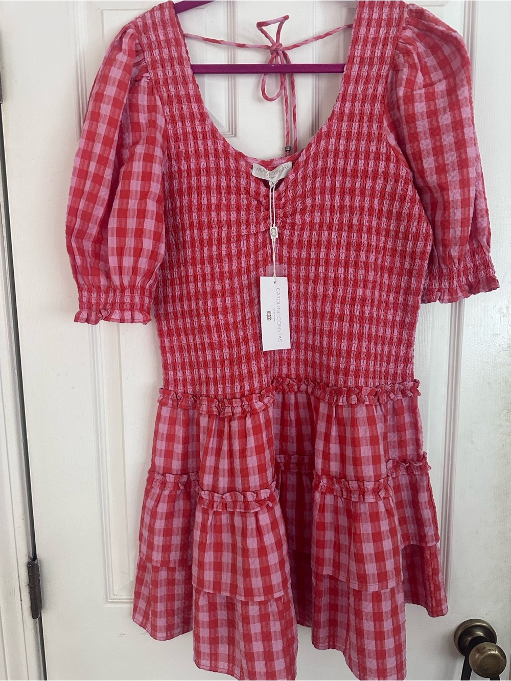 Caroline Constas Sabrina Red Gingham Smocked Mini Dress Size Large NWT